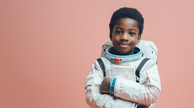 A cute happy smiling young African American black boy dresses like a astronaut on a plain pink background with copy space for text.