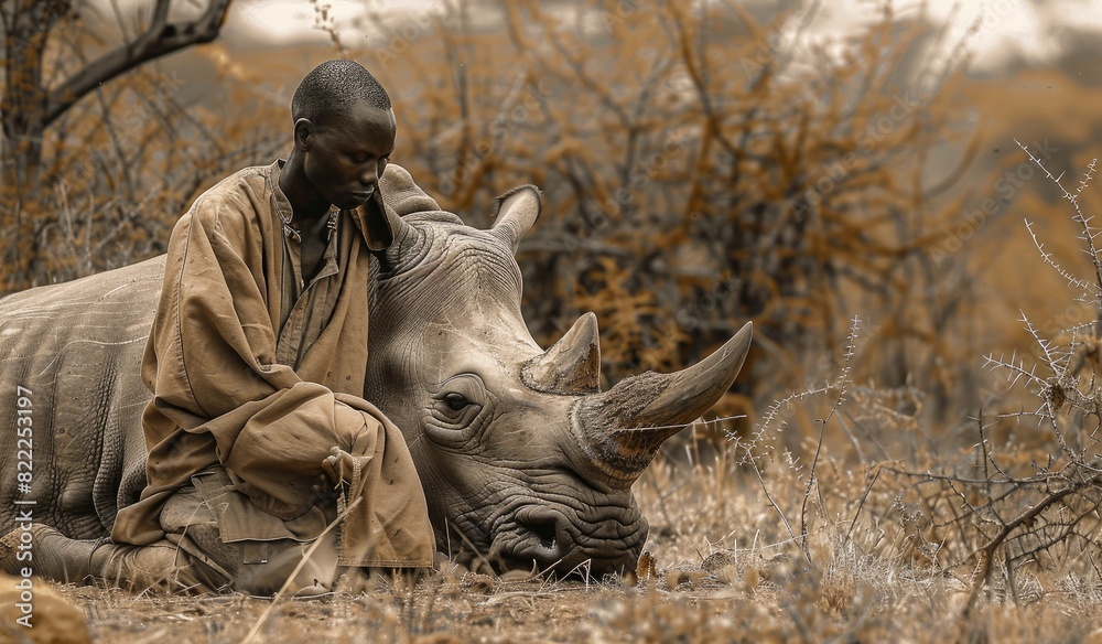 Poster Close Interaction Between Man and Rhino