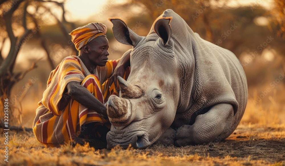 Poster Close Interaction Between Man and Rhino