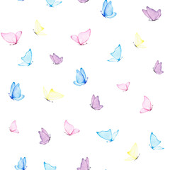 Multicolored, hand-painted watercolor flying butterflies on white, seamless summer pattern. A template for an endless beautiful seasonal background for fabric, holiday, wallpaper, design.