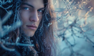 Ethereal portrait of a young man with flowing long hair and clothes decorated with feathers, young shaman portrait