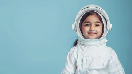 A cute happy smiling young Indian girl dresses like a astronaut on a plain blue background with copy space for text.