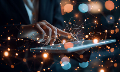A business professional using a digital tablet with a virtual overlay of interconnected nodes, representing CRM technology and global networks