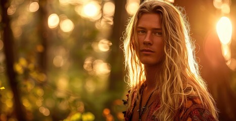 Ethereal portrait of a young man with long blonde hair adorned in ethnic elven clothes in the forest
