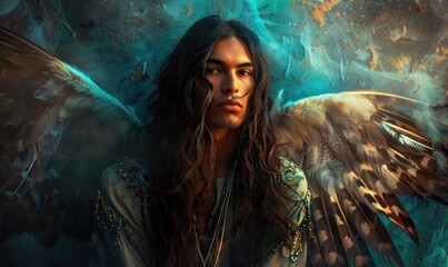 Fototapeta premium Ethereal portrait of a young man with flowing long hair and clothes decorated with feathers, young shaman portrait