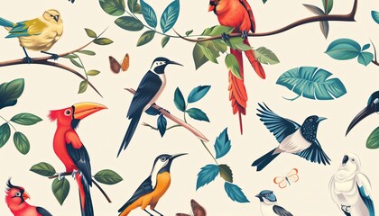 A 2D illustration featuring a bird pattern, showcasing various species in different poses and colors.