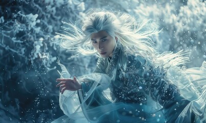 A portrait of young man with long hair on flowing ice background, fantasy or magic concept
