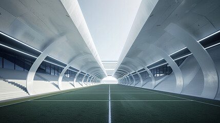 The pristine condition of a football stadium, players tunnel, viewed from the field looking inward, emphasizing the architectural details and providing ample copy space towards the tunnel's roof.