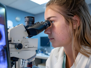 Focused Young Female Scientist Examining Specimen Through Microscope in Modern Clinical Laboratory | Professional Researcher in White Lab Coat Conducting Medical Investigation with Advanced