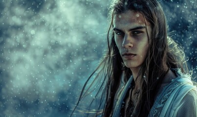 Closeup portrait of a young man in frost-laden robes winter abstract background