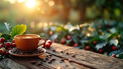 Sunlit Coffee Cup and Beans on Rustic Wooden Table