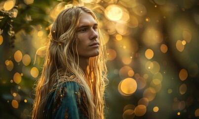 Ethereal portrait of a young man with long blonde hair adorned in ethnic elven clothes in the field