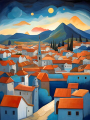 Austria Cubism Country Landscape Illustration Art	