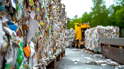 Bales of compressed paper and cardboard in a recycling facility, prepared for processing, with a yellow forklift in the background.
