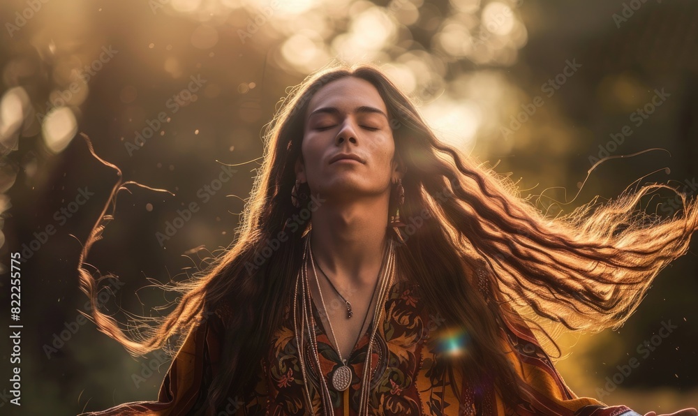 Wall mural Ethereal portrait of a young man with flowing long hair and clothes decorated with feathers, young shaman portrait