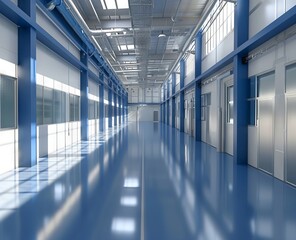 Obraz premium Industrial zone Interior of factory building Steel pipelines and cables in blue tones