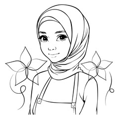 cute women hijab chef outline handdrawn illustration