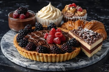 Exquisite Dessert Platter of Decadent Chocolate Tart Luscious Tiramisu and Flaky Croissant on Marble Tabletop with Dramatic Chiaroscuro Lighting