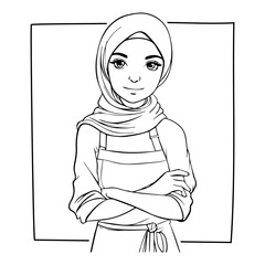 cute women hijab chef outline handdrawn illustration