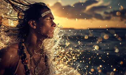 Ethereal portrait of a young man with beautiful long hair and ethnical attire, water and air spirit, shaman abstract portrait