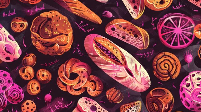 A pattern illustration featuring "bread of the dead" from Bolivia, Ecuador, and Peru, set against a dark background. Guagua and colada morada for Day of the Dead, guagua de pan, and wawas de pan.