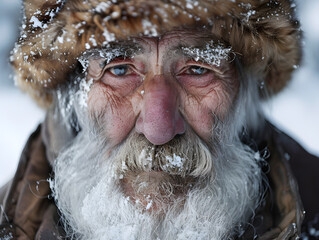 Close-Up Portrait of Elderly Man with Frosty White Beard and Fur Hat Amid Snowy Landscape Resilient Blue Eyes, Weathered Face, Wrinkled Skin, and Rosy Cheeks from Cold - Winter