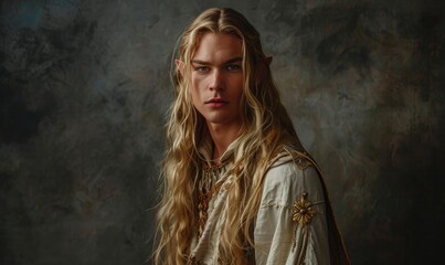 Fototapeta premium Ethereal portrait of a young man with long blonde hair adorned in ethnic elven clothes against a neutral background
