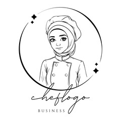 cute women hijab chef outline handdrawn illustration