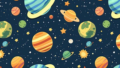 Colorful Space Pattern with Planets and Stars