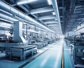 Obraz premium Industrial zone Interior of factory building Steel pipelines and cables in blue tones