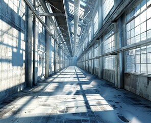 Industrial zone Interior of factory building Steel pipelines and cables in blue tones