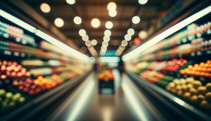 A blurred view of a grocery store aisle focusing on the colorful produce section, captures the essence of a bustling supermarket