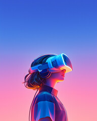 A young woman immersed in a virtual reality experience, wearing a futuristic VR headset. The vibrant background