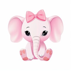 Fototapeta premium Cute pink baby elephant with a bow sitting, ideal for children's designs, nursery decor, and playful illustrations.