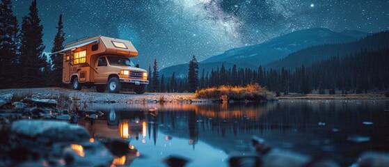 A yellow camper van is parked by a lake at night