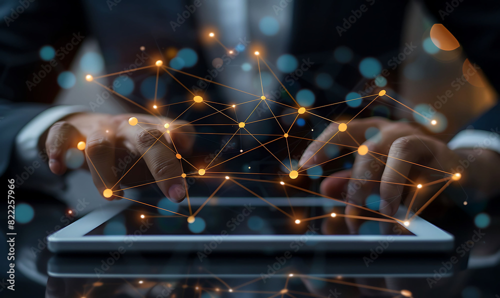 Leinwandbilder A business professional using a digital tablet with a virtual overlay of interconnected nodes, representing CRM technology and global networks