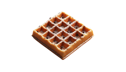 A freshly baked, golden waffle on a transparent background. The waffle have deep, crispy squares dusted with powdered