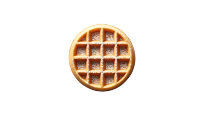 A freshly baked, golden waffle on a transparent background. The waffle is dusted with powdered sugar