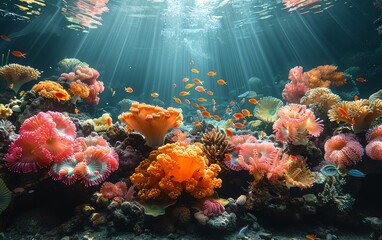 Coral destruction from chemical pollutants, underwater photography, vibrant colors, emphasizing global climate crisis