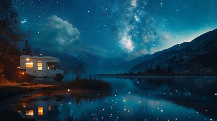 A white RV is parked by a lake at night
