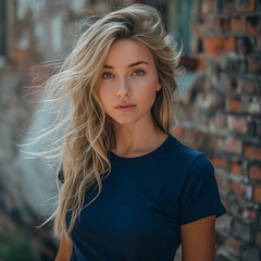 A beautiful blonde model in a navy blue shirt, standing on the street