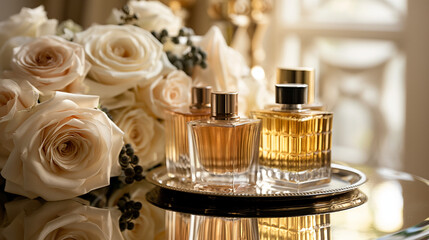 A luxury perfume glass bottles with a golden liquid inside it with roses and premium interior