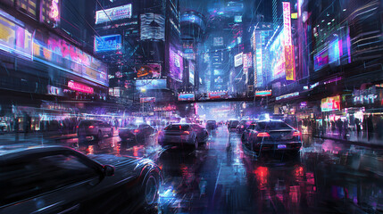 A digital city of neons and traffic lights at night with a lot of street led-screens