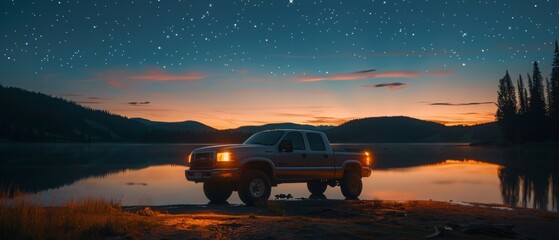 A truck is parked by a lake at sunset