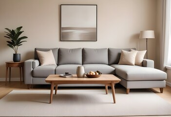 modern living room, Morning-Lit Minimalist Living Room with Neutral-Toned Sofa