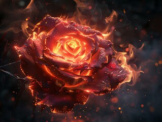 A stunning digital artwork of a fiery rose glowing with intense light and vibrant colors in a dark, smoky background, symbolizing passion.
