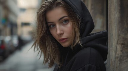 Attractive female model wearing a black hoodie and standing in the street and posing for the camera