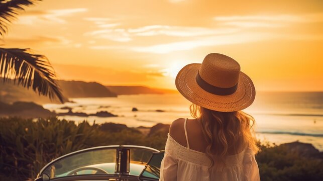A person leaning on their car, wearing a straw hat and sunglasses, watching the sun set over the ocean The tranquil and reflective mood highlights the joy of travel and the appreciation of natures bea
