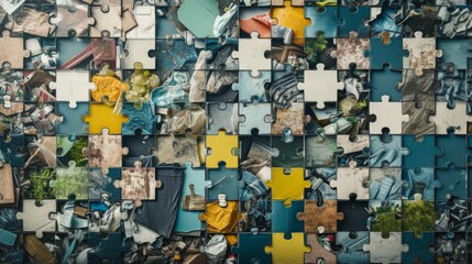 Detailed jigsaw puzzle showing various environmental impacts, blending nature and urban elements.