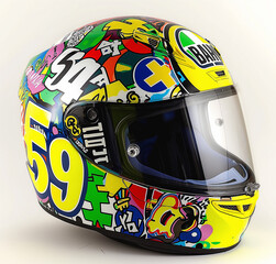 Helmet with graffiti sticker design, yellow and green, product shot on white background